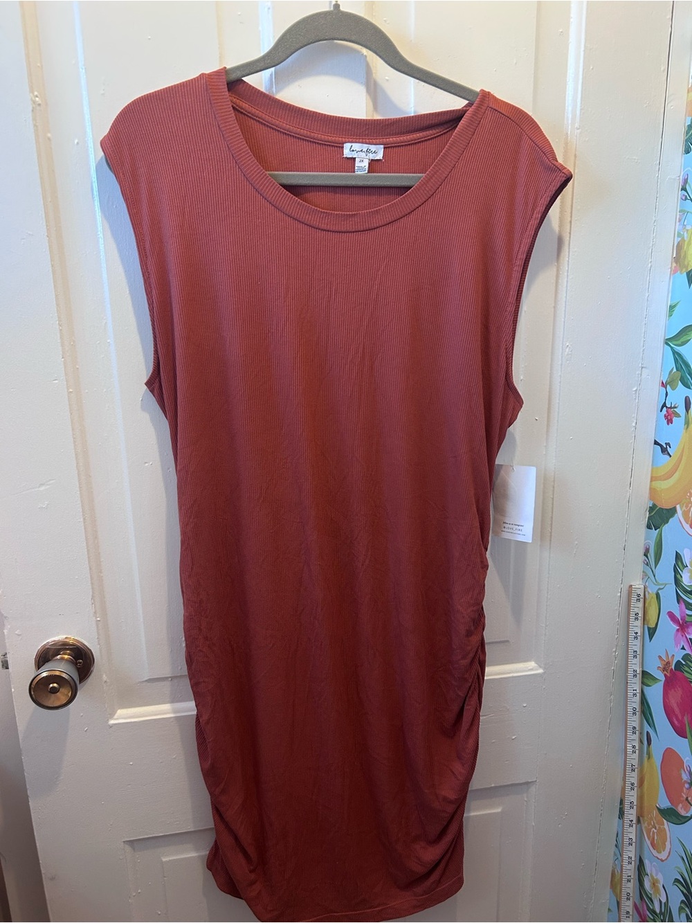 Love, Fire ribbed tank dress with side ruching, midi length burnt orange or rust